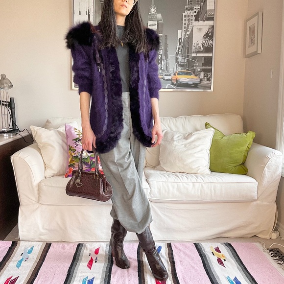 Purple knit angora jacket with fur trim - Picture 1 of 15